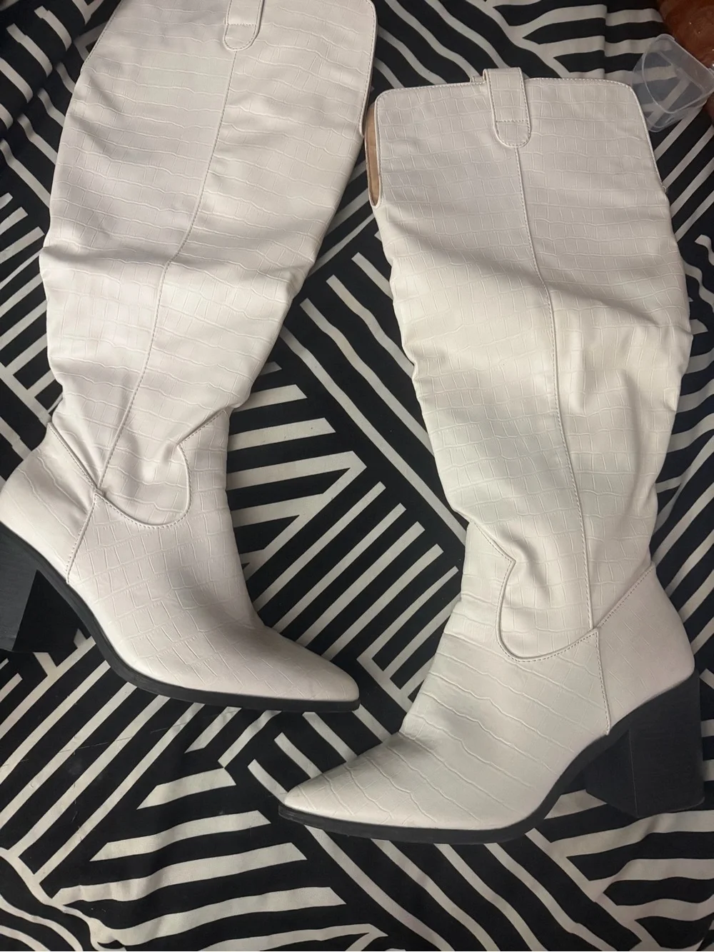 White Croc-Embossed Knee-High Western Boots